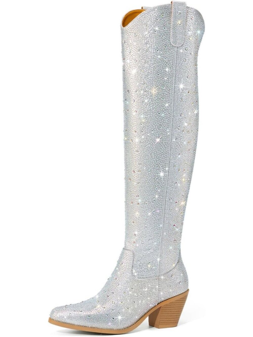 Women's Rhinestone Boots Sparkly Over The Knee Silver Cowgirl Boots Pointed Toe
